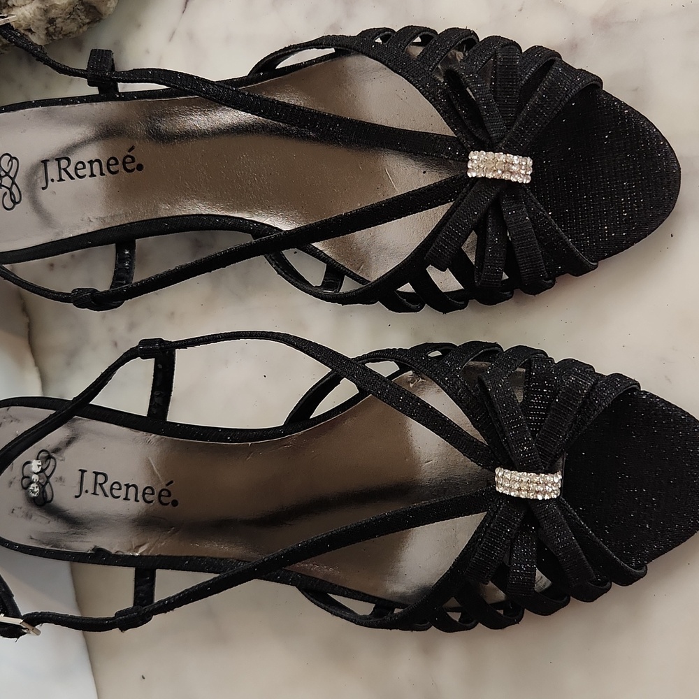 J.Renee Black Strappy Heels with Rhinestone Accent Sz9